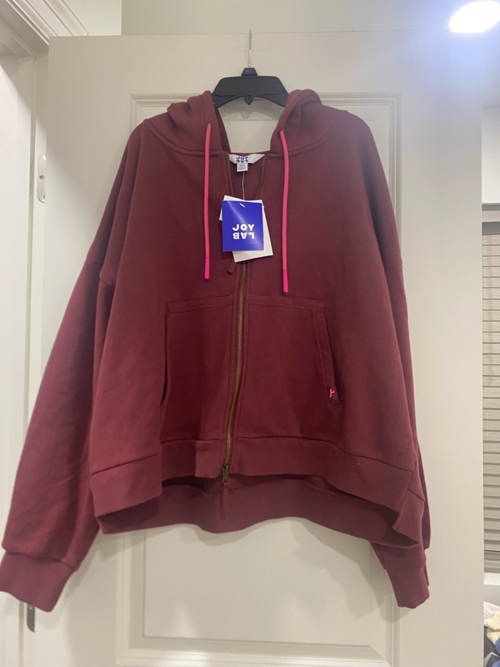 JoyLab Maroon Zip Hoodie with Hot Pink Drawstrings